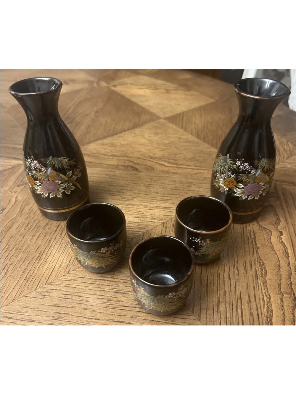 Vintage Black And Gold Japanese Ceramic Sake Set Peacock And Floral Print Unique